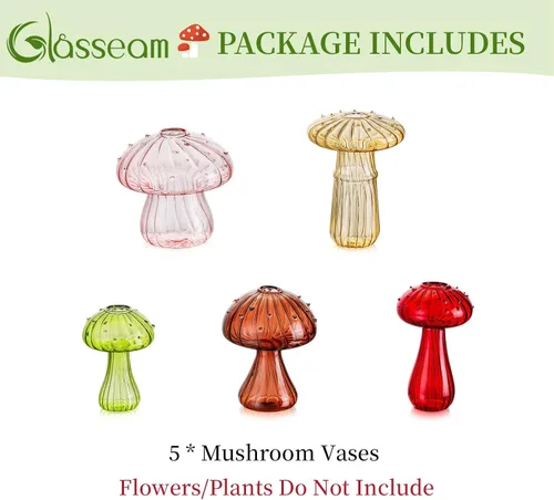 Vista 8 de Glasseam Macetero de Vidrio con Forma de Hongo, Juego de 5 Estaciones de Propagación de Plantas de Colores, Mini Terrario para Plantas, Jarrón