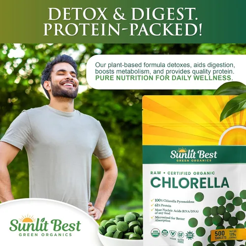 Vista 6 de Sunlit Best USDA Orgánico Premium Tabletas de Chlorella 500 Comprimidos 100% Puro Suplemento de Superalimento de Chlorella Alto en Proteína