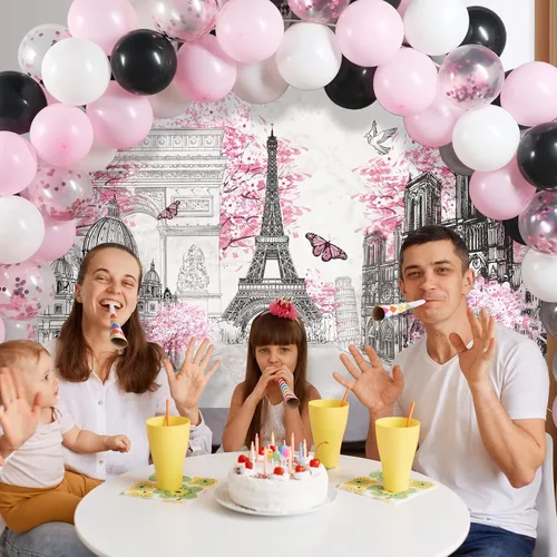 Vista 3 de Sumind Juego de 76 piezas de suministros para fiestas temáticas de París, decoración de fiesta temática de París, fondo de torre Eiffel, blanco
