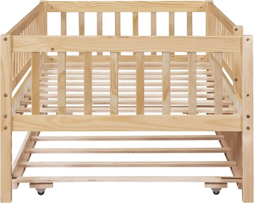 Vista 19 de P PURLOVE Sofá cama matrimonial con nido, marco de sofá cama con barandillas de valla, sofá cama de madera para niños, niñas y adolescentes jóvenes