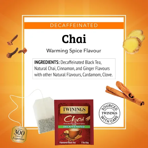 Vista 4 de Twinings, Decaffeinated Chai - Té negro Chai sin cafeína y con especias dulces y sabrosas, caliente o helado, el embalaje puede variar, 120 bolsitas