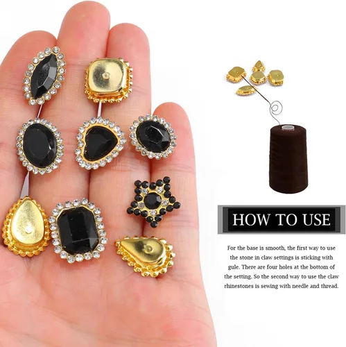 Vista 4 de 50 piezas de diamantes de imitación para coser, formas mixtas, diamantes de imitación negros de vidrio para coser en gemas de cristal, base plana
