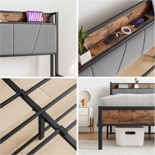Vista 43 de BOFENG Base de cama de tamaño matrimonial con cabecera de almacenamiento, estación de carga USB, plataforma de metal resistente, marco de cama doble