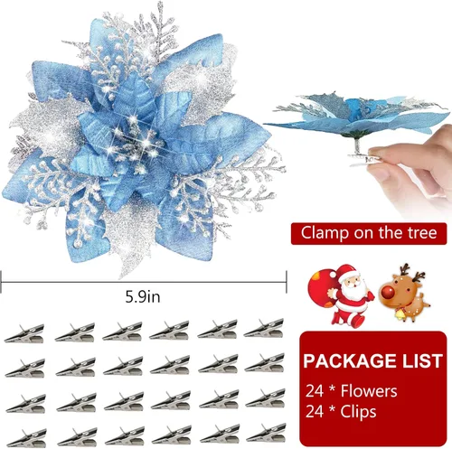 Vista 7 de LumBelle 24 piezas de flores artificiales de Navidad con purpurina de 5.9" con clips para árbol de Navidad, corona de Navidad DIY, adornos para Azul