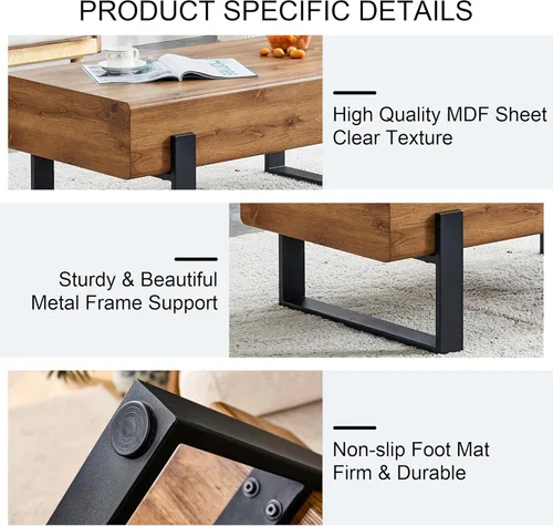 Vista 5 de Mesa de centro rectangular rústica, moderna mesa de centro simple de madera con patas de metal, mesa central para sala de estar