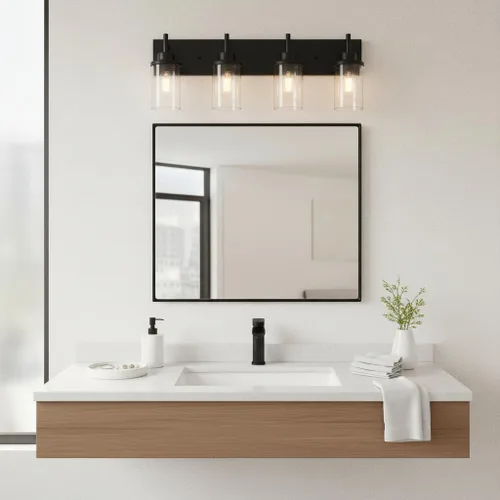 Vista 6 de Lámparas de tocador, lámparas de baño negro mate sobre el espejo, lámpara moderna de apliques de pared con pantalla de vidrio transparente (4 luces)