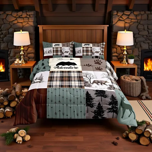 Vista 36 de Manfei Juego de Edredón de Siluetas de Animales con Astas de Ciervo Tamaño Full, Juego de Ropa de Cama de Camuflaje con Cuadros Geométricos de 3
