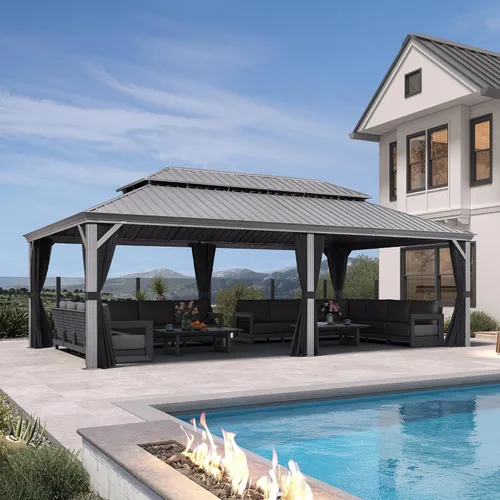 Vista 24 de PURPLE LEAF - Glorieta de 10 x 12 pies con techo rígido de aluminio, techo doble de metal resistente, pabellón permanente para patio, terraza