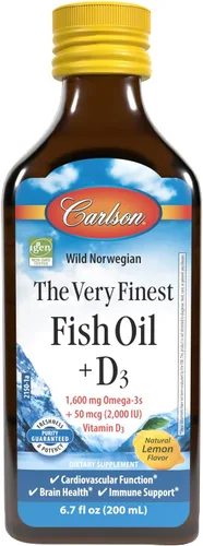 Carlson - El aceite de pescado más fino + D3, 1600 mg de omega-3, 50 mcg (2000 UI) de vitamina D3, aceite de pescado líquido y suplemento D3,