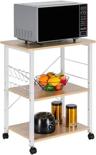 Vista 8 de Estante de cocina para panadero, carrito de microondas, carrito de cocina rodante de 3 niveles con ruedas, carrito de café con estante