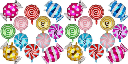 Vista 6 de Juego de globos de caramelo dulce con temática de remolino, helio, globos de aluminio de Mylar para fiesta, cumpleaños, suministros de decoración