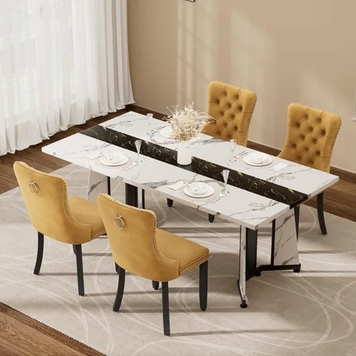 Vista 33 de Juego de mesa de comedor de 5 piezas con 4 sillas, mesa de comedor rectangular de madera de 71 pulgadas con sillas de comedor de terciopelo, tablero