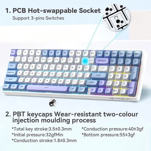 Vista 8 de Aula S100 Pro Wireless Gaming Keyboard, Tri-Mode Connection (Bluetooth2.4GHzUSB-C), RGB Backlit Mechanical Keyboard with Number Pad, Customizable