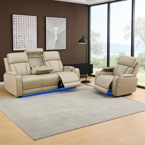 Vista 3 de Juego de sofá reclinable eléctrico para sala de estar, juego de sofá reclinable de pana con luces LED, puertos USB, almacenamiento oculto, juego