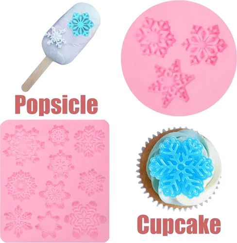Vista 4 de Moldes de silicona de copo de nieve de Navidad, 5 unidades, molde de fondant de chocolate de nieve de Navidad para pasteles, dulces, decoración