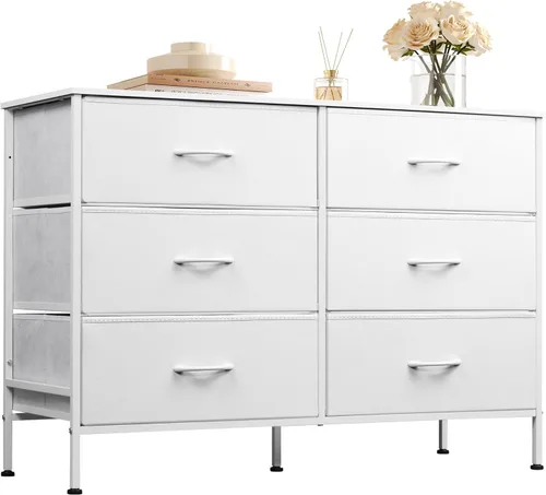 Vista 13 de WLIVE - Cómoda amplia con 6 cajones, soporte para TV de 50 pulgadas, centro de entretenimiento con marco de metal, parte superior de madera, cómoda