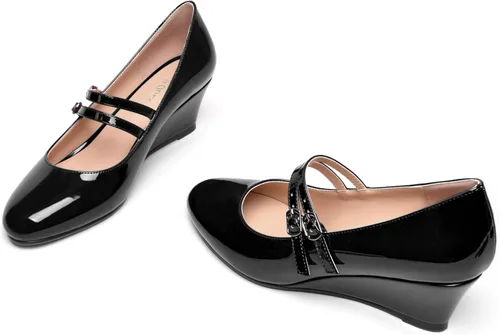 Vista 6 de Zapatos de tacón bajo con hebilla de punta redonda para mujer, con correa ajustable y correa ajustable, 2 pulgadas