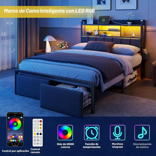 Vista 3 de Furnulem Marco de Cama Tamaño Full con Cabecera Tapizada, Marco de Cama Full con Cajones de Almacenamiento, Estación de Carga y Luces LED