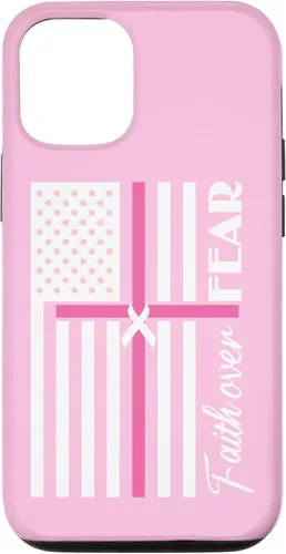 Funda para iPhone 15 Faith Over Fear Breast Cancer Awareness Pink Ribbon USA Flag