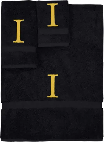 Vista 6 de Juego de toallas con monograma, regalo personalizado, juego de 3 - Letra de bloque dorada bordada en toalla - Extra absorbente 100% algodón turco