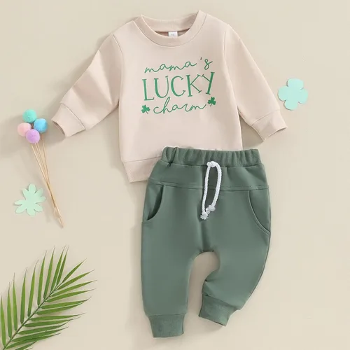 Vista 2 de DNOMAID YZARC Conjunto de ropa de 2 piezas de sudadera con bordado de trébol de la suerte para niños pequeños y niños pequeños
