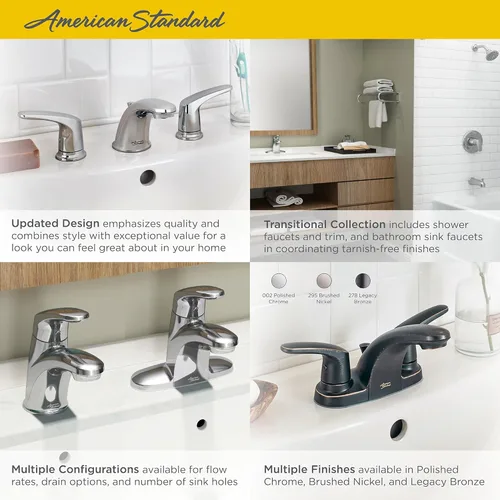 Vista 3 de American Standard 7075800.295 Colony Pro - Grifo de baño de arco bajo de 2 manijas con montaje de drenaje emergente, 1.2 GPM, níquel cepillado