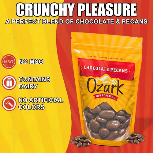 Vista 3 de OZARK NUT ROASTERS, Nueces pecanas cubiertas de chocolate, aperitivos salados con sabor a chocolate, nueces confitadas gourmet de clase mundial