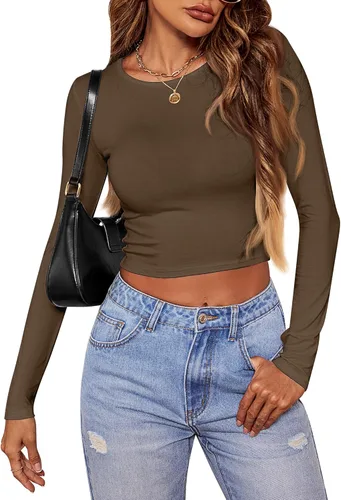 Vista 4 de Riyiper 3 piezas de camiseta corta de manga larga para mujer, ajustada, cuello redondo, camiseta básica casual para mujer