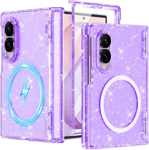 Vista 41 de Btscase Funda para Samsung Galaxy Z Fold 5, protector de pantalla frontal integrado, patrón de mármol dorado con purpurina de policarbonato duro