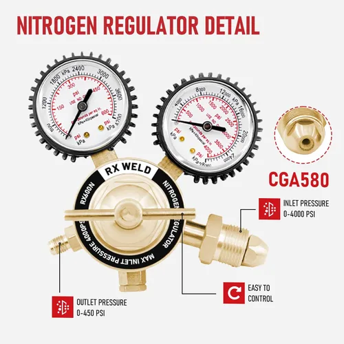 Vista 2 de RX WELD Regulador de nitrógeno con 0-600 PSI, entrada CGA580, conexión de salida abocinada macho de 1/4 de pulgada, regulador de tanque de nitrógeno