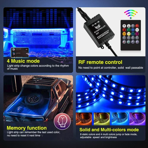 Vista 4 de Nilight Juego de 3 tiras de luz RGB de 60 pulgadas para cama de camión, 270 LED de neón de acento con control remoto RF, interruptor de encendido