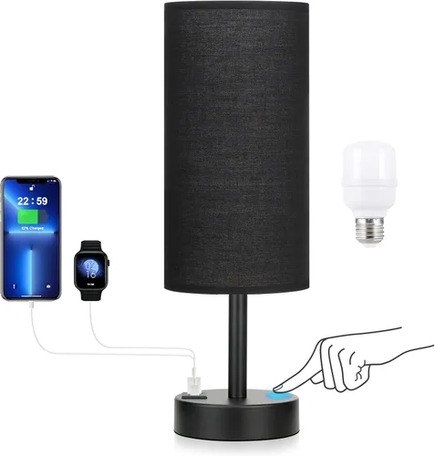 Vista 17 de Lámparas de mesa táctiles de noche para mesita de noche de dormitorio con puertos de carga USB-C USB-A, lámpara de escritorio pequeña regulable de 3