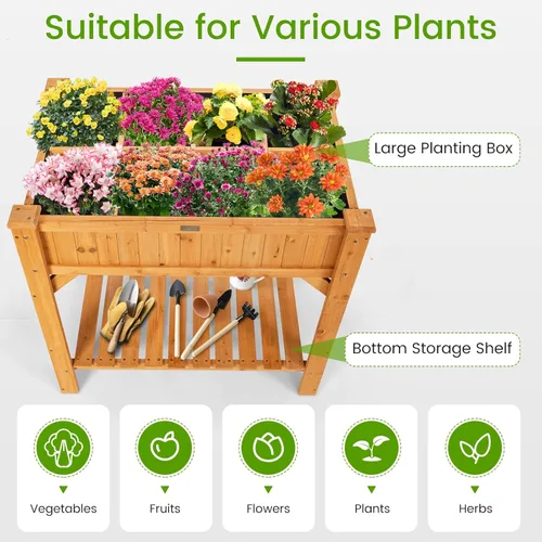 Vista 8 de S AFSTAR Cama de jardín elevada con patas, jardinera elevada de madera con 8 rejillas divisoras y forro protector, 35.5 x 24 x 36 pulgadas, maceta