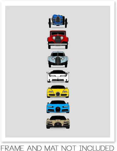 Vista 2 de Custom Car Posters Handmade Poster compatible with Bugatti Generations Print of Best of Bugatti (Type 35, Type 41, Type 57SC, EB110, Veyron, Chiron)