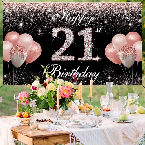 Vista 3 de Decoraciones de 21 cumpleaños para ella, oro rosa, pancarta de fondo de feliz cumpleaños 21, fiesta de cumpleaños de 21 años, accesorios de cabina