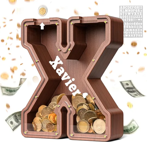 Vista 41 de SummiDate Alcancía de madera de letra para niños y niñas, Alfabeto, regalo de cumpleaños para niños (W)