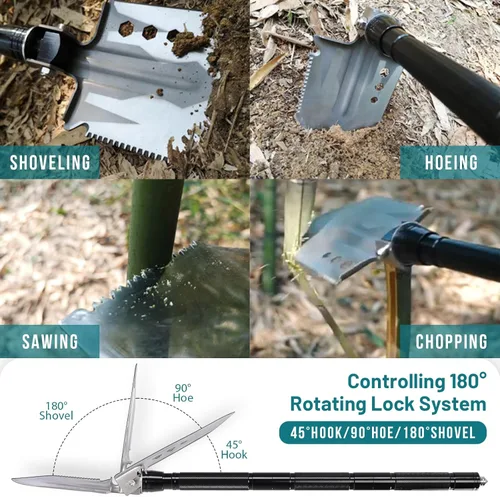 Vista 3 de Pala de supervivencia multiherramienta 14 en 1 – Pala plegable táctica y hacha para camping, senderismo, caza – Equipo de grado militar con mango
