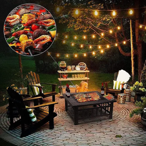 Vista 4 de Mesa para hoguera de 32 pulgadas para exteriores, hoguera de leña con cubierta impermeable, pantalla de chispas y parrilla, parrilla cuadrada