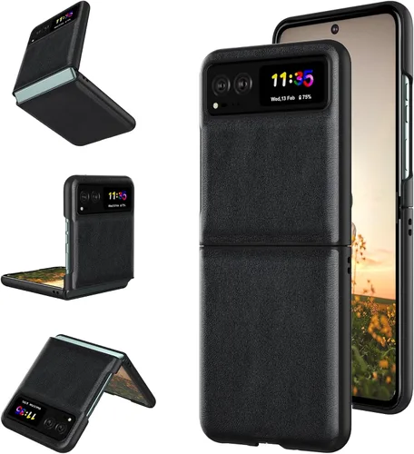 Cresee Funda para Motorola Razr 2023 - Funda trasera de PU de cuero vegano y parachoques de PC duro para Moto Razr 2023 - Negro