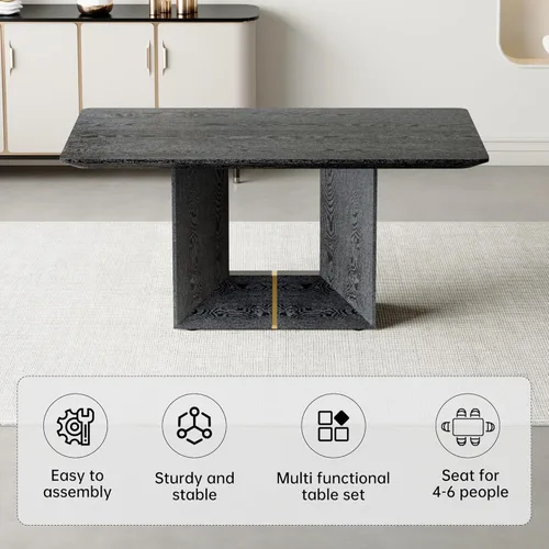 Vista 4 de Mesa de comedor negra de 160 cm para 4-6 personas ｜ Ideal para cocina y comedor ｜ Mesa de comedor moderna ｜ Chapa de grano de madera ｜ Base