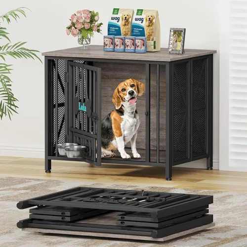 EasyCom Muebles plegables para perros, jaulas de 31.5 pulgadas para perros pequeños/medianos, perrera de madera para interiores con etiqueta y