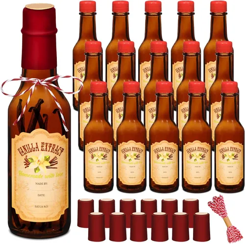 Vista 13 de Tioncy 16 piezas de botellas vacías de extracto de vainilla para jarra de vainilla casera, botella de vidrio con tapa, banda retráctil, etiqueta