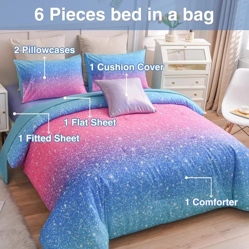 Vista 4 de A Nice Night Juego de ropa de cama de 6 piezas con purpurina degradada para niñas, tamaño Twin, juego de edredón colorido de galaxia arcoíris, Azul