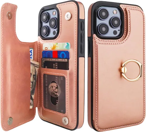 Vista 11 de ONETOP - Funda tipo cartera para iPhone 15 Pro Max con soporte para tarjetas, anillo de rotación de 360°, bloqueo RFID, piel sintética, doble cierre