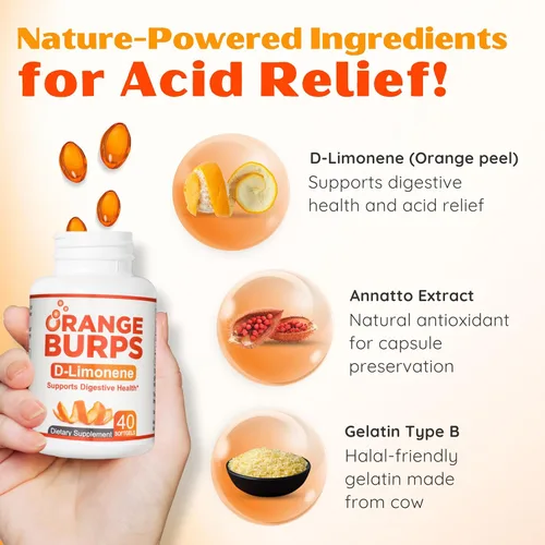 Vista 2 de Orange Burps Cápsulas blandas de D-Limonene Extracto de cáscara de naranja para la salud digestiva Solución no dañina para el reflujo ácido