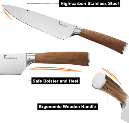Vista 5 de kangdelun Ultra Sharp - Juego de cuchillos de chef de 4 piezas, acero inoxidable de alto carbono, asas de madera de fresno marrón torreficado, caja