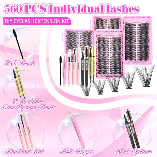 Vista 4 de Kit de racimos de pestañas, kit de 560 piezas de racimos de pestañas, kit de extensión de pestañas natural individual de 9-16 mm, racimos