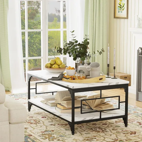 Vista 4 de Yongchuang Mesa auxiliar rectangular de mármol sintético blanco de 42 pulgadas con estante de almacenamiento, mesa de centro de metal de madera de 2