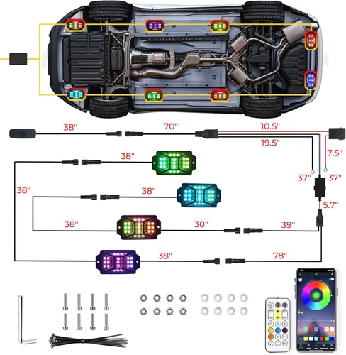 Vista 6 de 4 vainas de luces RGB de ángulo completo compatibles con camiones de 12 V, Jeep, UTV, SUV, ATV, barco, carrito de golf, impermeable, multicolor