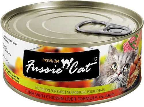 Vista 9 de Fussie Cat Comida húmeda prémium de atún con pollo en Aspic sin granos para gatos, latas de 2.82 onzas, caja de 24 latas de atún con pollo en Aspic)